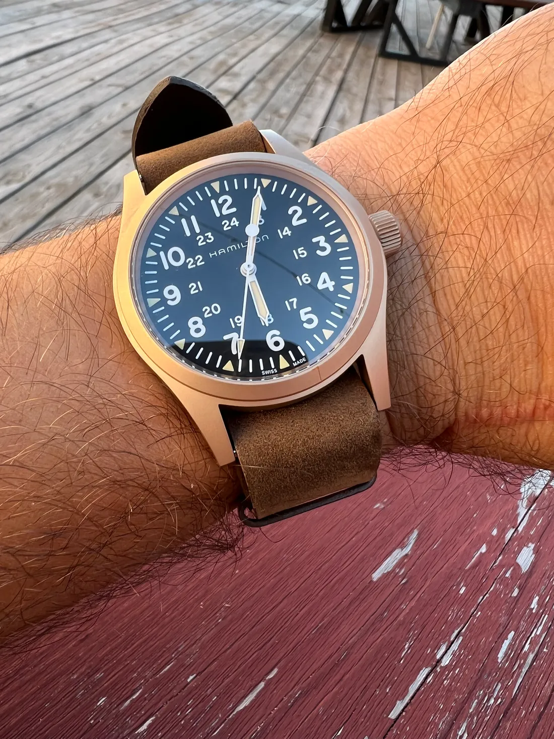 The watch a month into ownership, the bronze still bright and golden.
