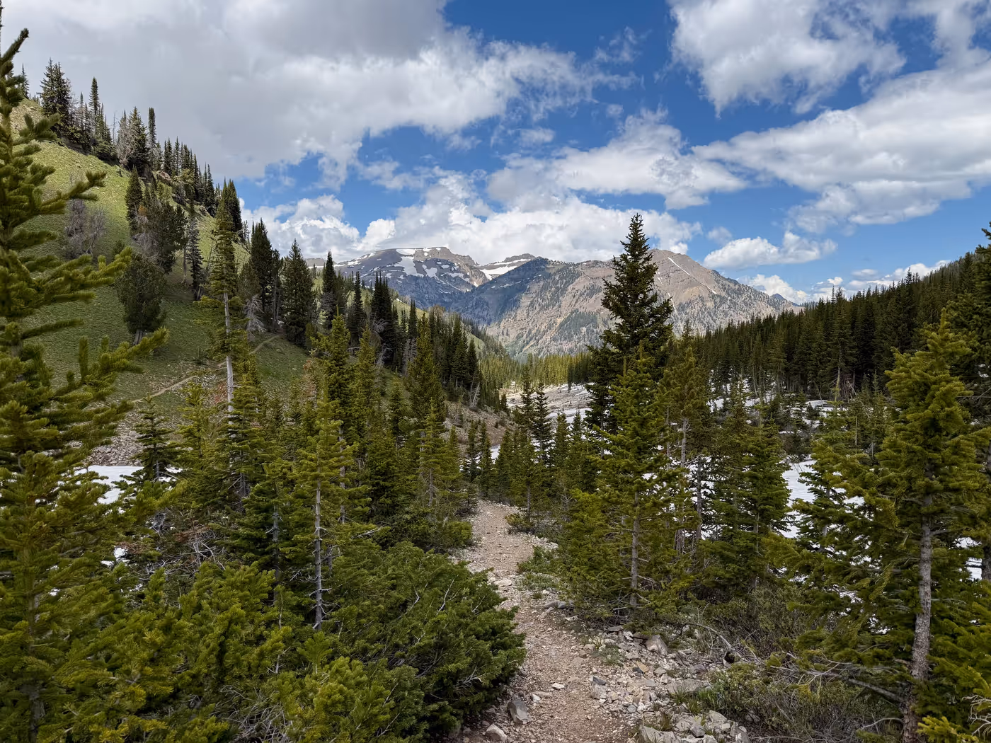 A snowy mountain trail traversing an open slope.