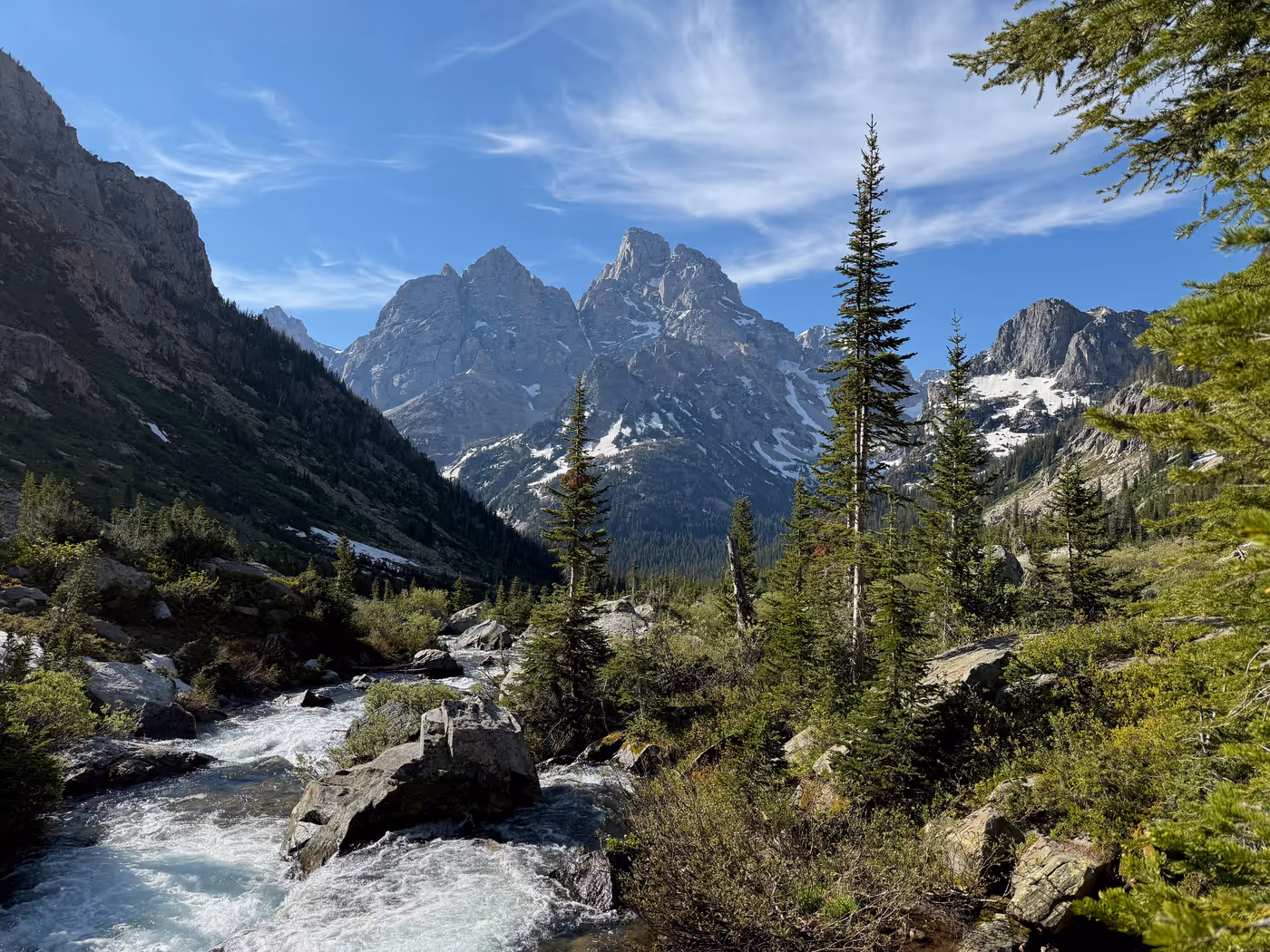 A mountain stream rushing past with peaks behind.