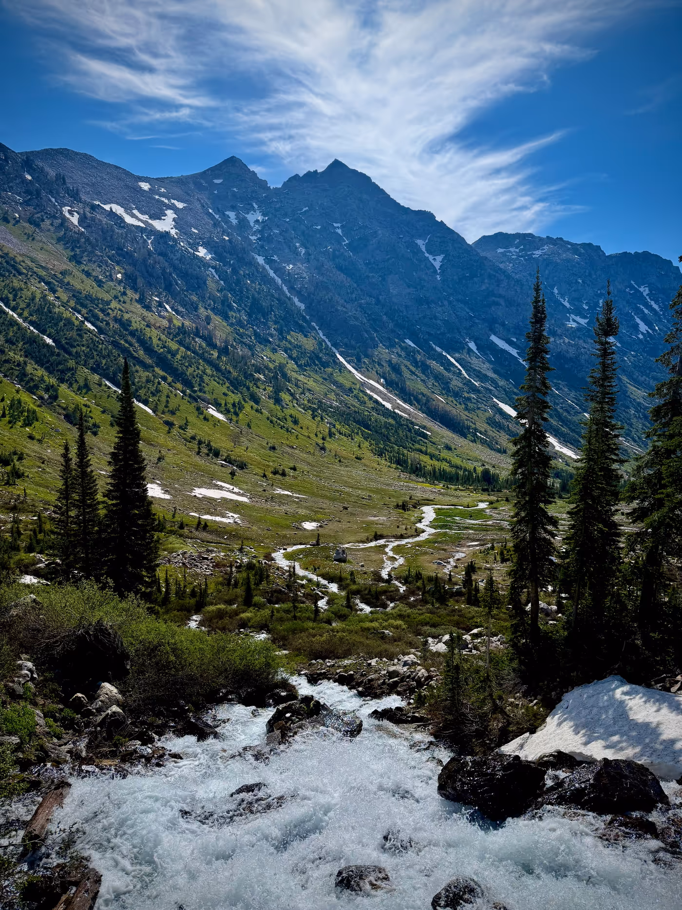 Whitewater tumbling toward the camera with a braided stream winding through a green U-shaped valley below jagged peaks, a snowbank at the right edge.